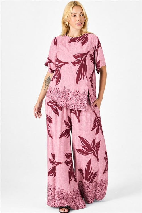 Pembe Desenli Kayık Yaka Beli Lastikli Cepli Bol Paça İkili Takım - L-XL