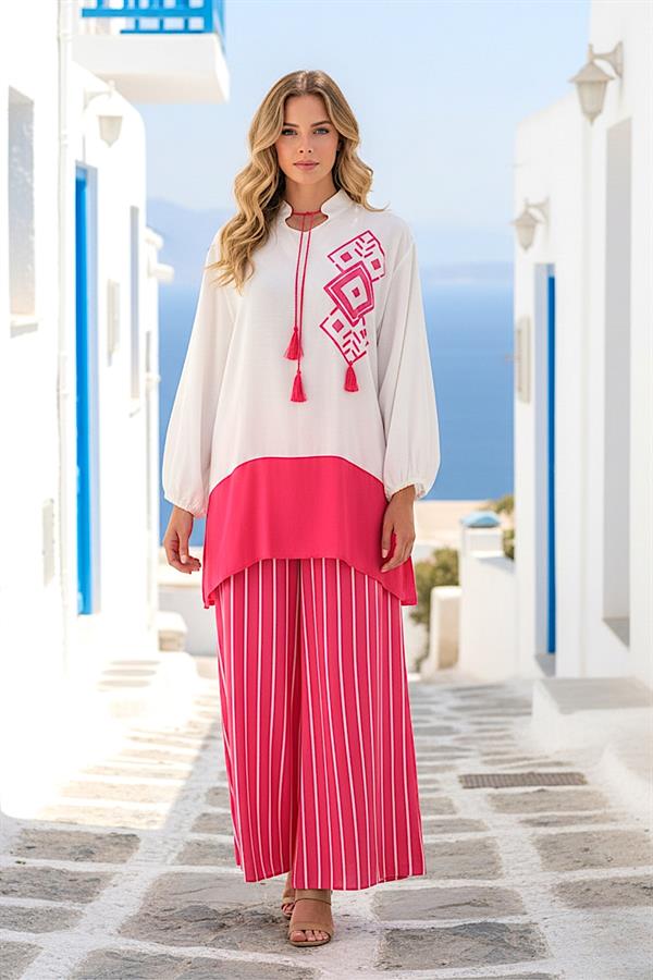 Pembe Desenli Püsküllü Pantolonu Çizgili Cepli Tunik Pantolon İkili Takım