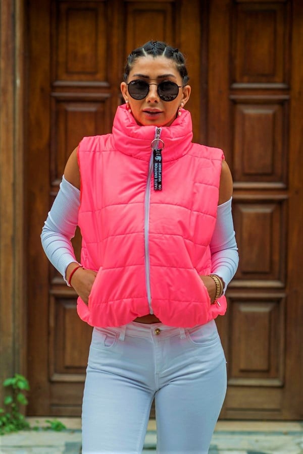 Pembe Dik Yaka Beli Lastikli Cepli Kısa Şişme Yelek
