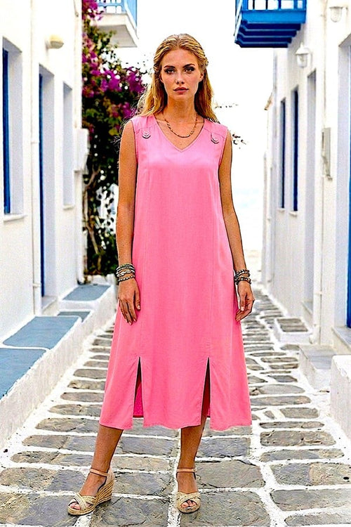 Pembe Düğme Detay Arka Bağcıklı Keten Elbise - 1 Beden