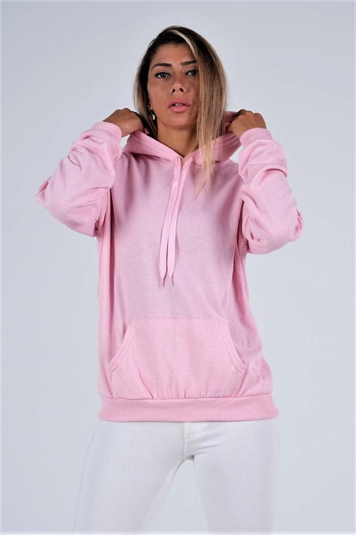 Pembe Kapüşonlu Kanguru Cepli Şardonlu Sweatshirt - 38