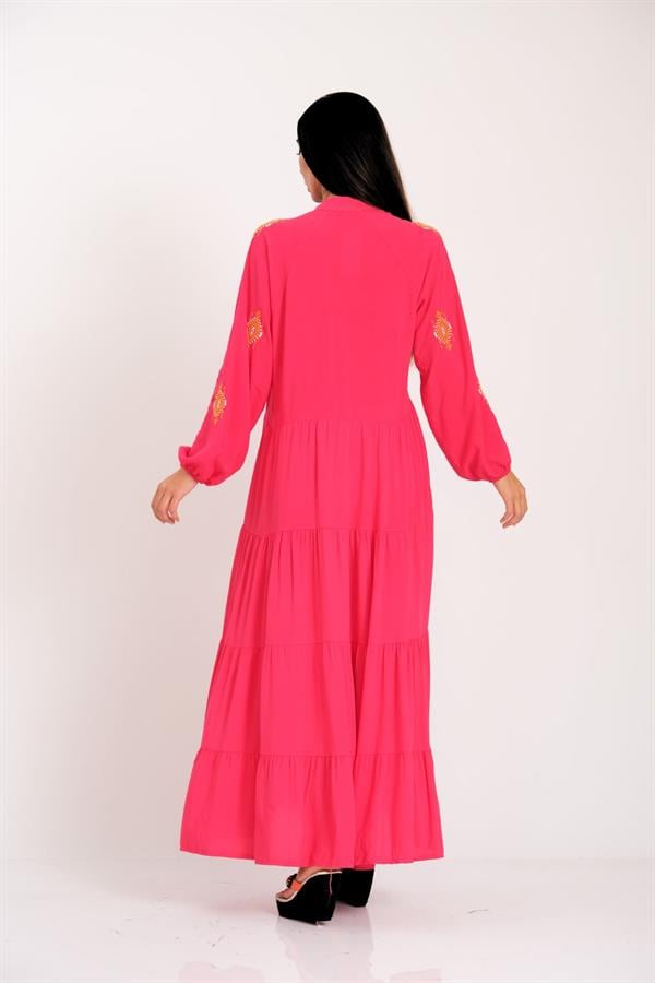 Pembe Önü Ve Kolları Otantik Nakışlı Eteği Kat Kat Uzun Elbise