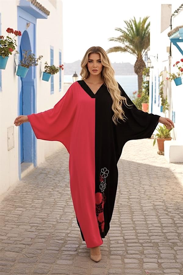 Pembe Siyah Garnili V Yaka Eteği Nakışlı Cepli Oversize Uzun Elbise