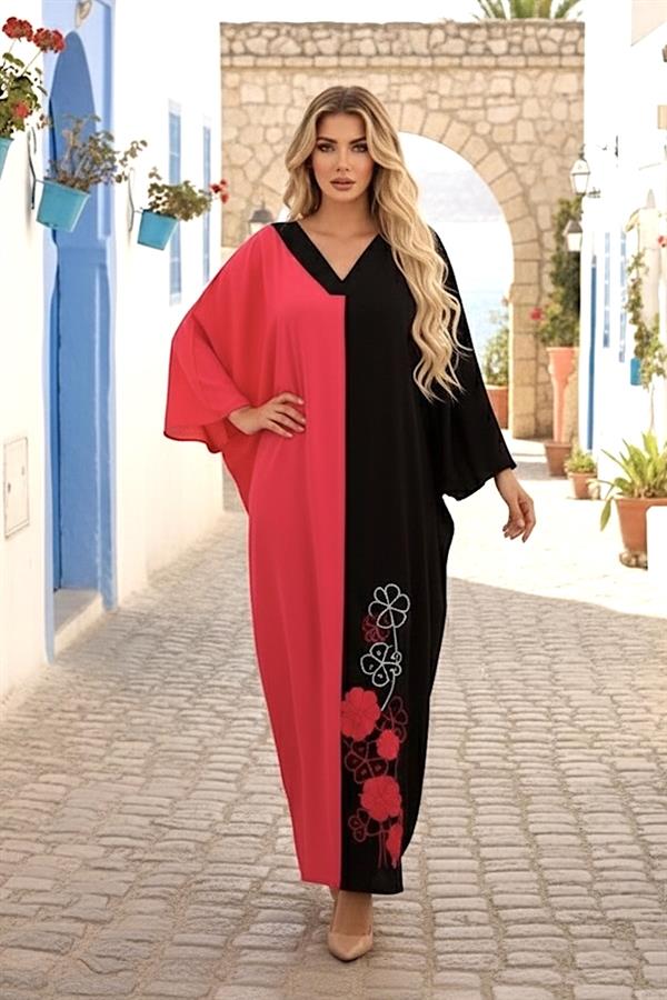 Pembe Siyah Garnili V Yaka Eteği Nakışlı Cepli Oversize Uzun Elbise