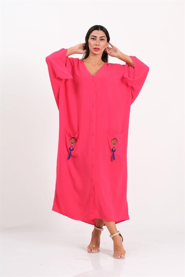 Pembe V Yaka Cepleri Ve Sırtı Otantik Nakışlı Püsküllü Oversize Uzun Gömlek Elbise
