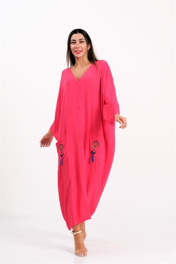 Pembe V Yaka Cepleri Ve Sırtı Otantik Nakışlı Püsküllü Oversize Uzun Gömlek Elbise