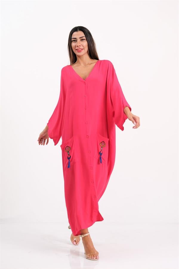 Pembe V Yaka Cepleri Ve Sırtı Otantik Nakışlı Püsküllü Oversize Uzun Gömlek Elbise