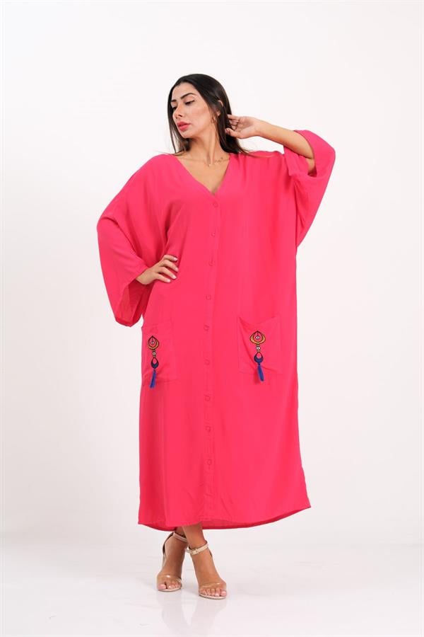 Pembe V Yaka Cepleri Ve Sırtı Otantik Nakışlı Püsküllü Oversize Uzun Gömlek Elbise