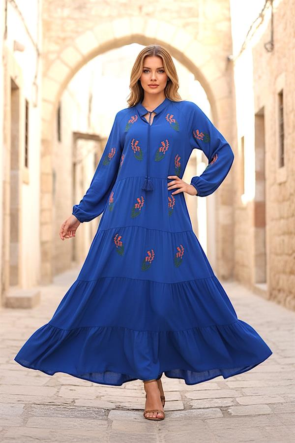 Saks Mavi Önü Ve Kolları Çiçek Nakışlı Eteği Kat Kat Uzun Elbise