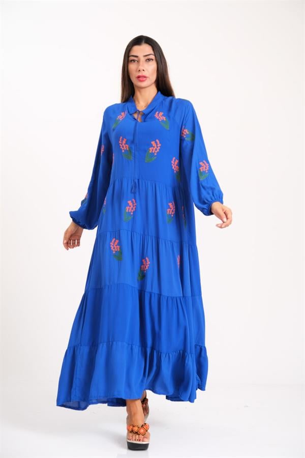 Saks Mavi Önü Ve Kolları Çiçek Nakışlı Eteği Kat Kat Uzun Elbise
