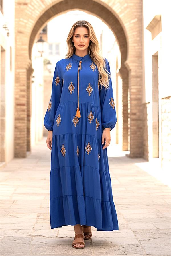 Saks Mavi Önü Ve Kolları Otantik Nakışlı Eteği Kat Kat Uzun Elbise