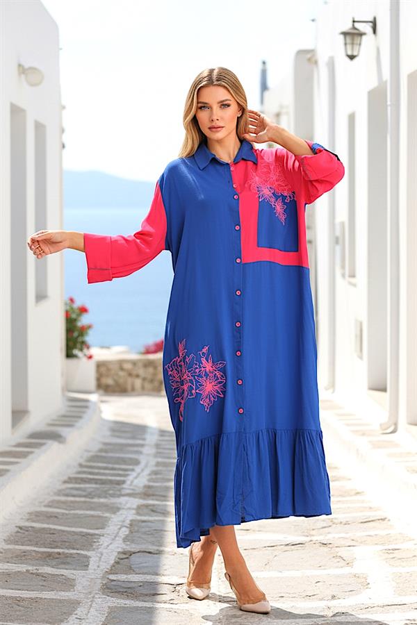 Saks Mavi Pembe Garnili Önü Ve Eteği Nakışlı Kolu Apoletli Uzun Gömlek Elbise