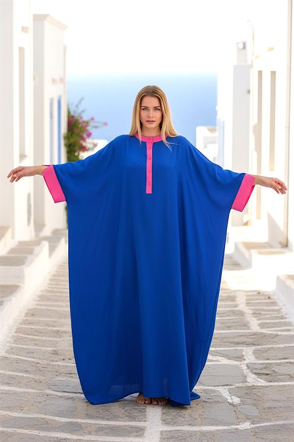 Saks Mavi Sırtı Otantik Nakışlı Yarasa Kol Oversize Uzun Elbise
