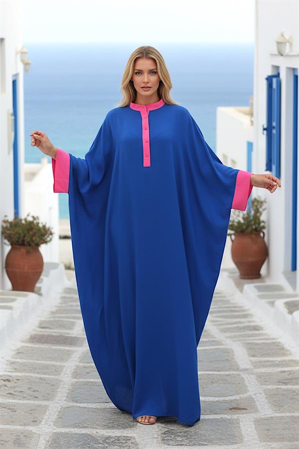 Saks Mavi Sırtı Otantik Nakışlı Yarasa Kol Oversize Uzun Elbise