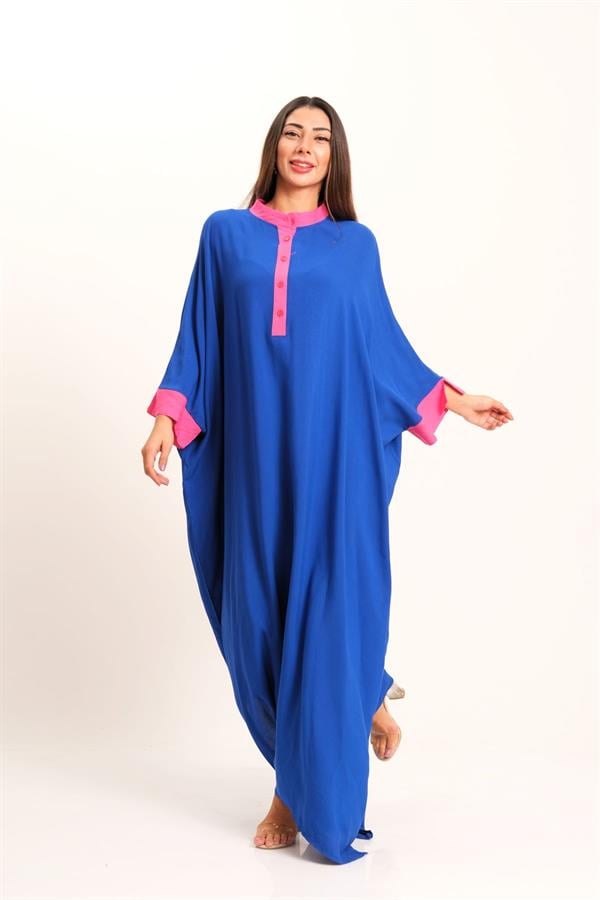 Saks Mavi Sırtı Otantik Nakışlı Yarasa Kol Oversize Uzun Elbise