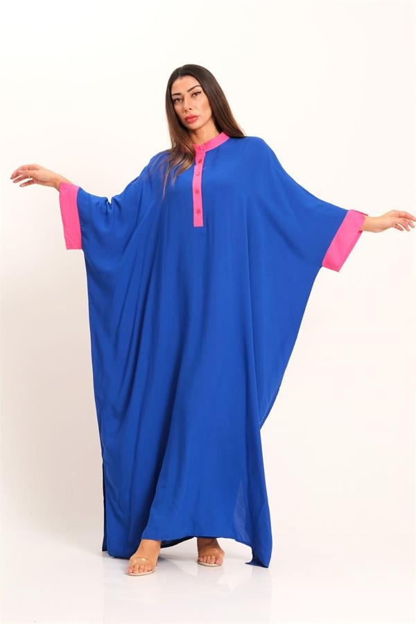 Saks Mavi Sırtı Otantik Nakışlı Yarasa Kol Oversize Uzun Elbise