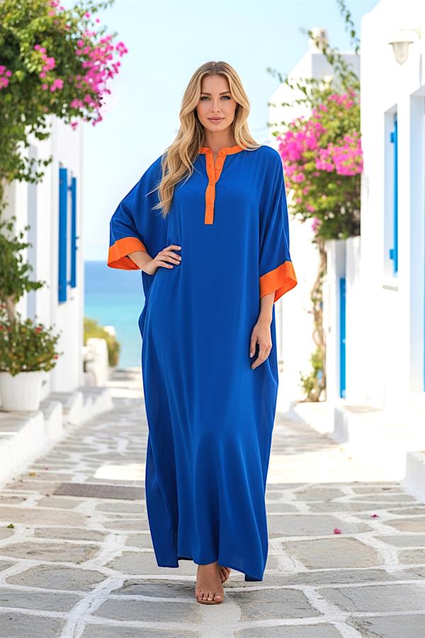 Saks Mavi Sırtı Palmiye Nakışlı Yarasa Kol Oversize Uzun Elbise