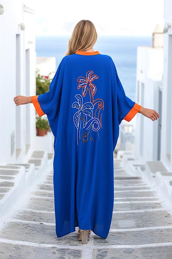 Saks Mavi Sırtı Palmiye Nakışlı Yarasa Kol Oversize Uzun Elbise