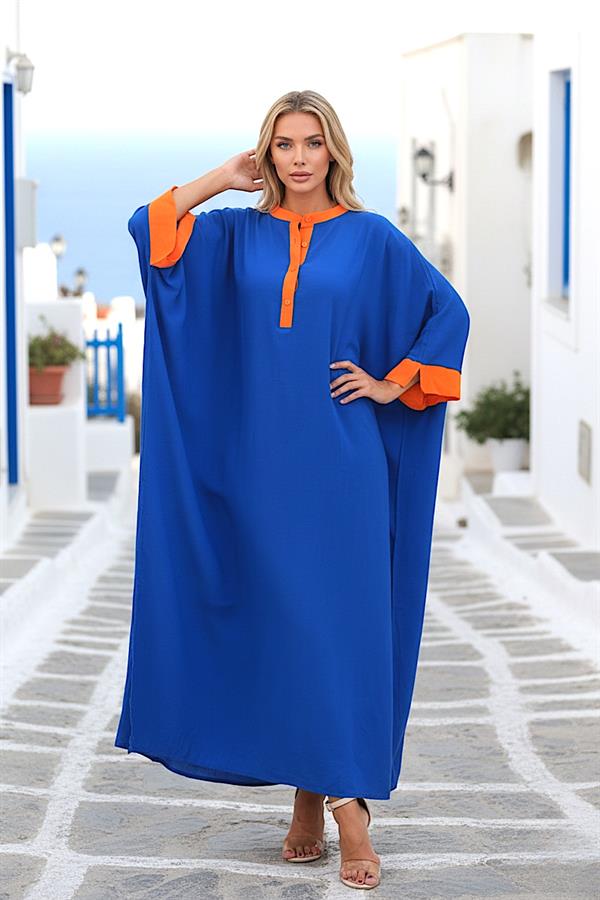 Saks Mavi Sırtı Palmiye Nakışlı Yarasa Kol Oversize Uzun Elbise