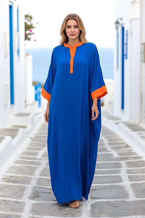 Saks Mavi Sırtı Palmiye Nakışlı Yarasa Kol Oversize Uzun Elbise