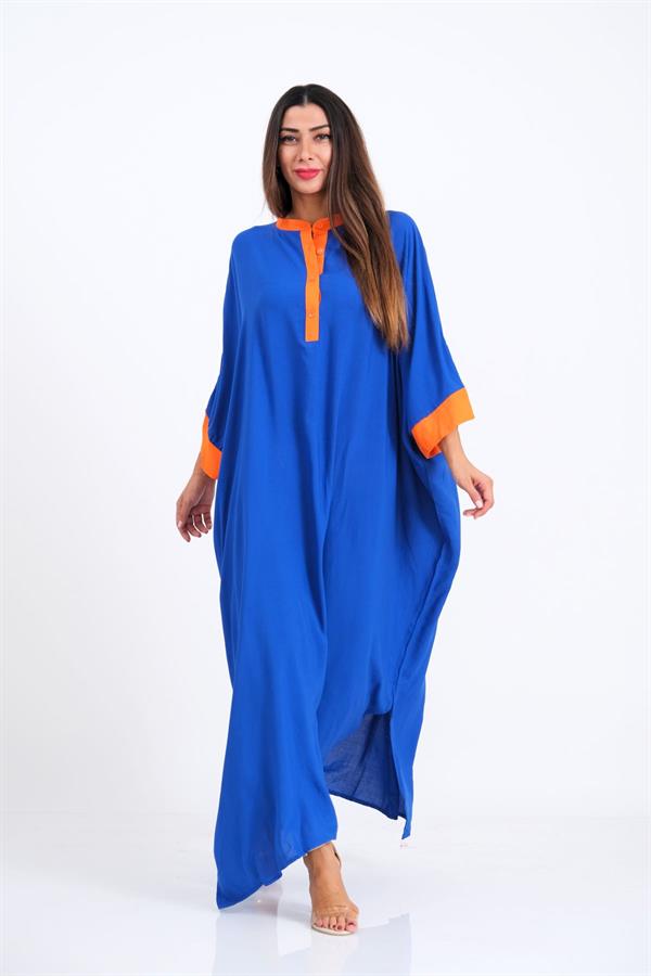 Saks Mavi Sırtı Palmiye Nakışlı Yarasa Kol Oversize Uzun Elbise