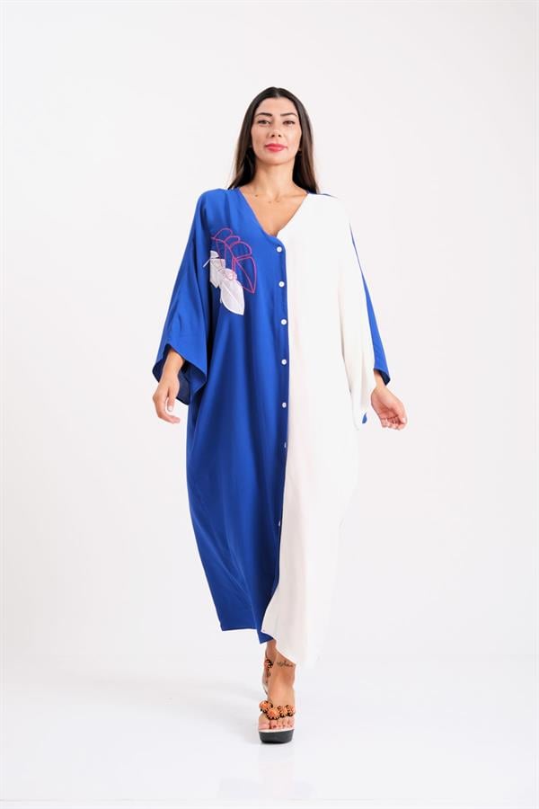 Saks Mavi Sırtı Ve Yakası Yaprak Nakışlı V Yaka Cepli Oversize Uzun Gömlek Elbise