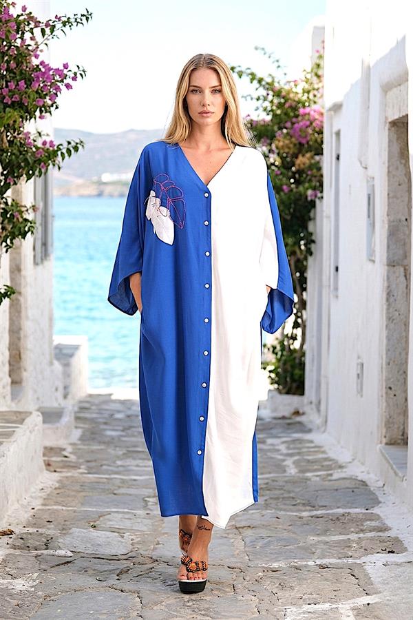 Saks Mavi Sırtı Ve Yakası Yaprak Nakışlı V Yaka Cepli Oversize Uzun Gömlek Elbise