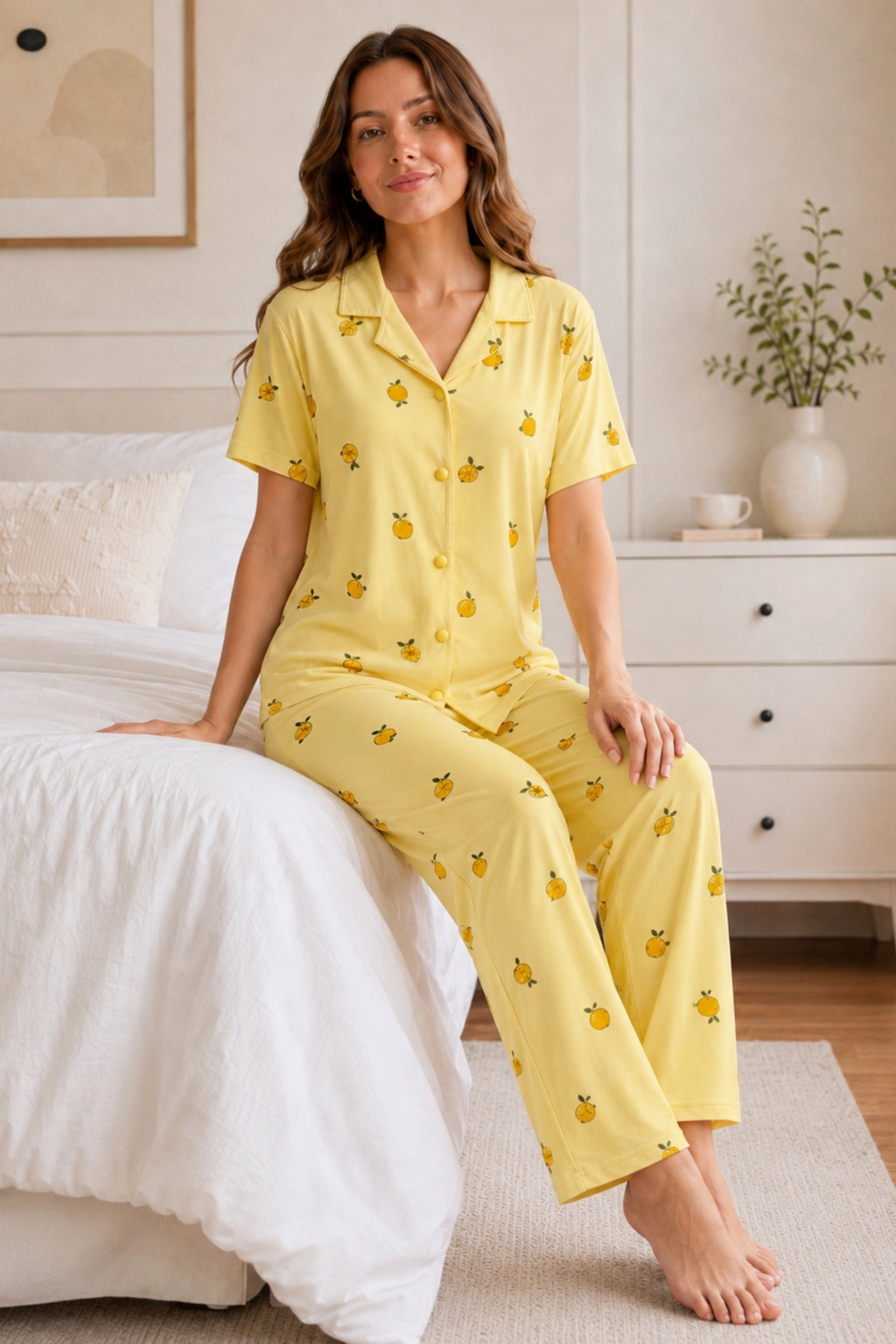 Sarı Limon Desenli Kısa Kollu Gömlek Yaka Milan Kumaş Kadın Pijama Takımı