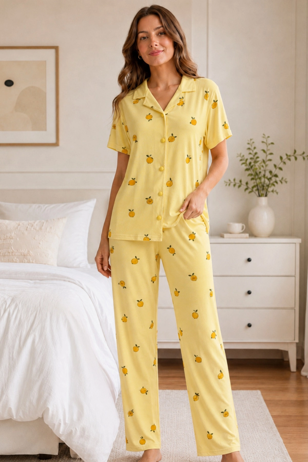 Sarı Limon Desenli Kısa Kollu Gömlek Yaka Milan Kumaş Kadın Pijama Takımı