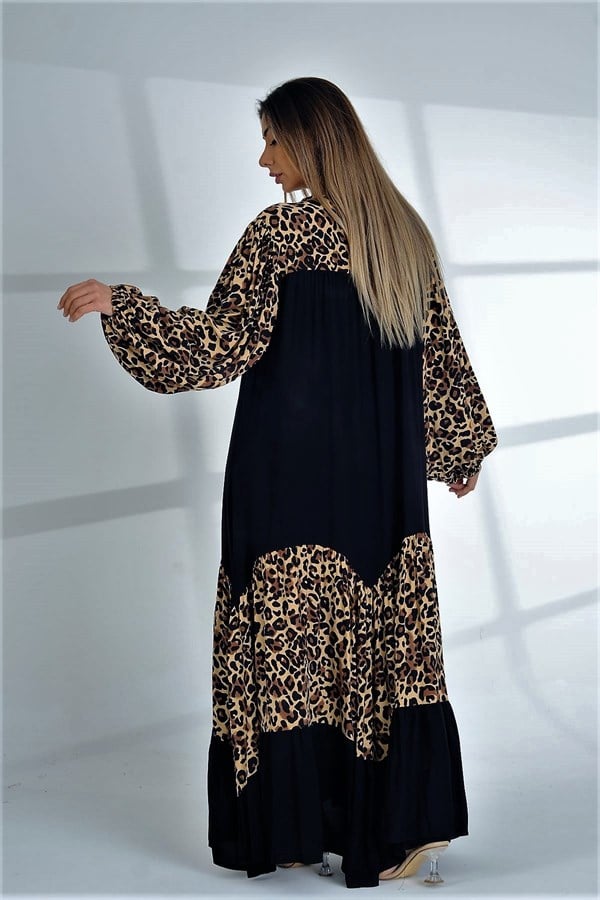 Siyah Balon Kol Leopar Desen Garnili Oversize Uzun Elbise