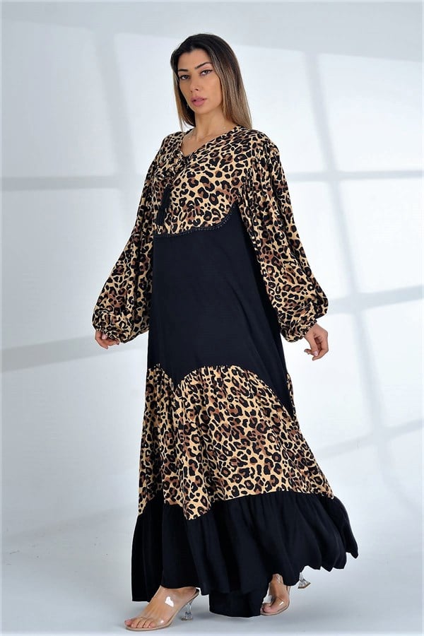 Siyah Balon Kol Leopar Desen Garnili Oversize Uzun Elbise