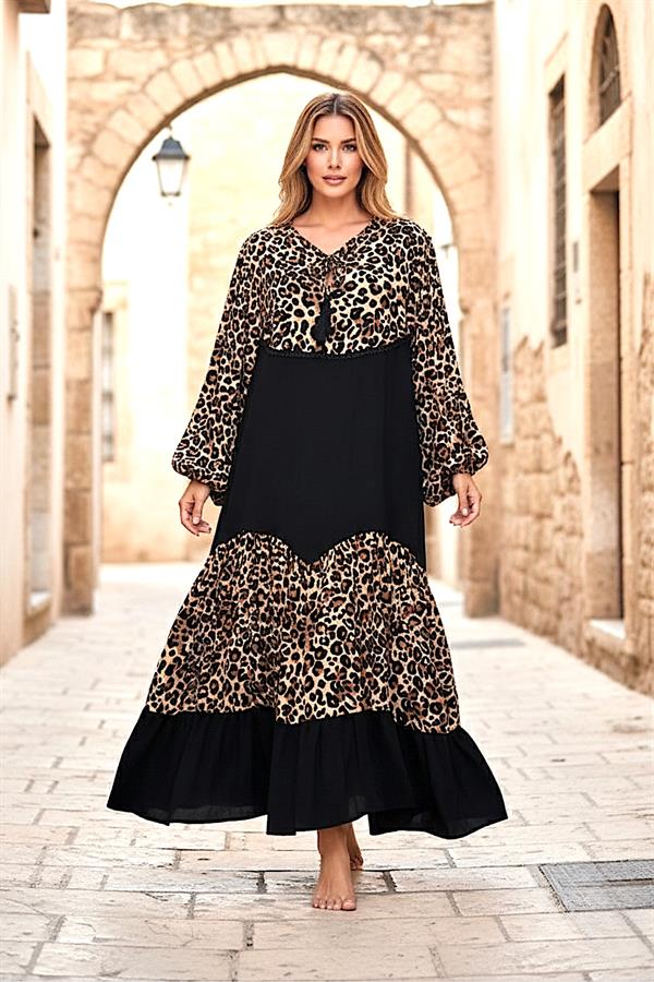 Siyah Balon Kol Leopar Desen Garnili Oversize Uzun Elbise