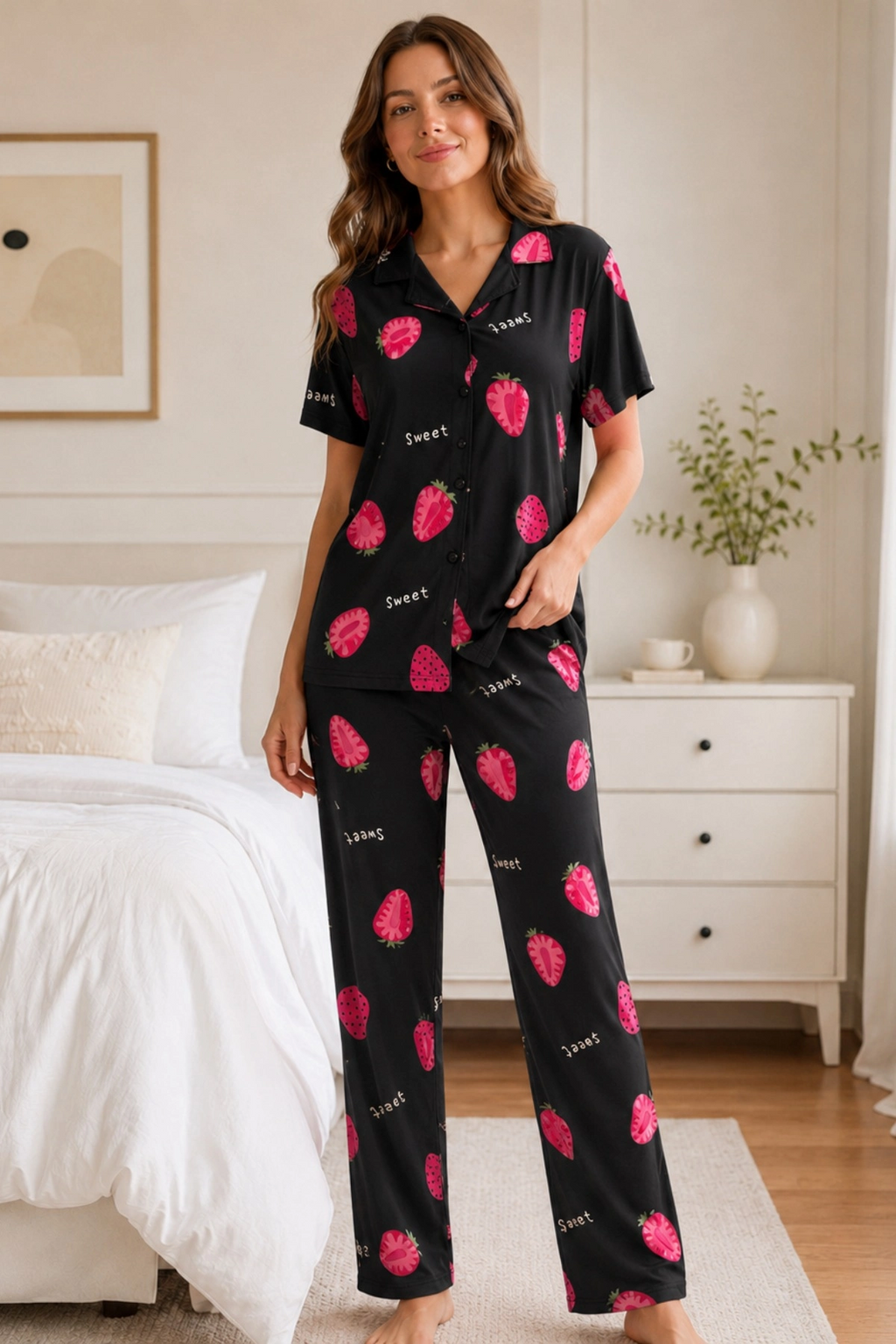 Siyah Çilek Desenli Kısa Kollu Gömlek Yaka Milan Kumaş Kadın Pijama Takımı