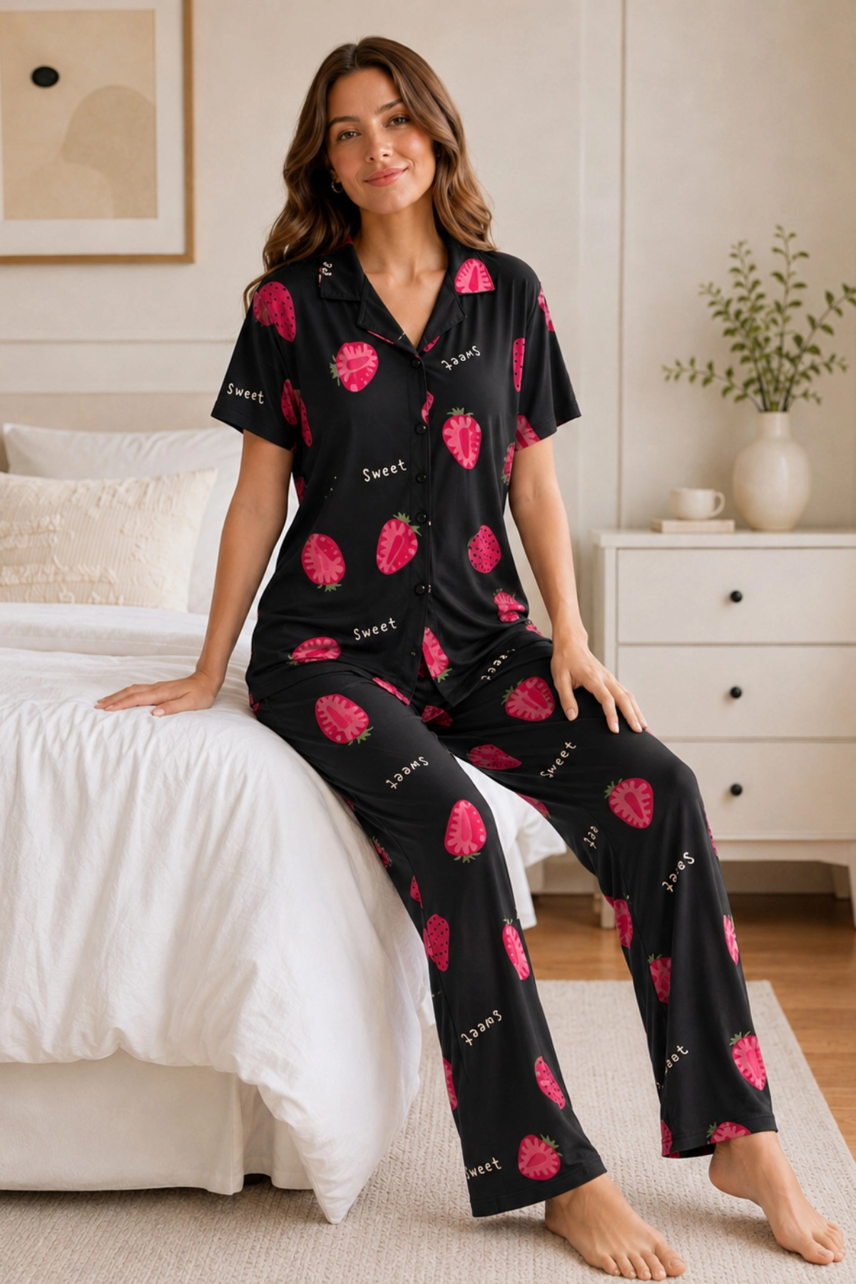 Siyah Çilek Desenli Kısa Kollu Gömlek Yaka Milan Kumaş Kadın Pijama Takımı