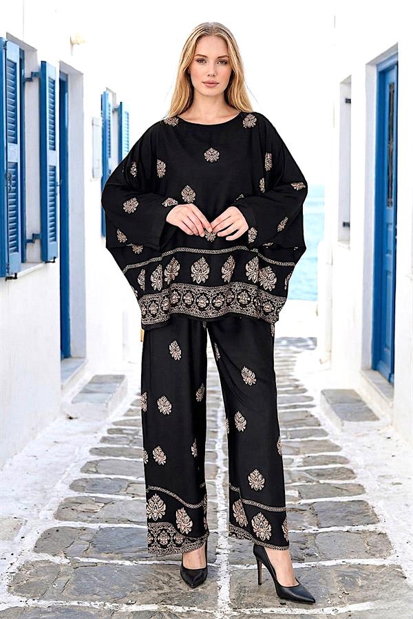 Siyah Hint Desenli Pantolon Bluz Takım