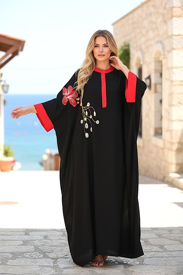 Siyah Kuş Çiçek Nakışlı Yarasa Kol Oversize Uzun Elbise