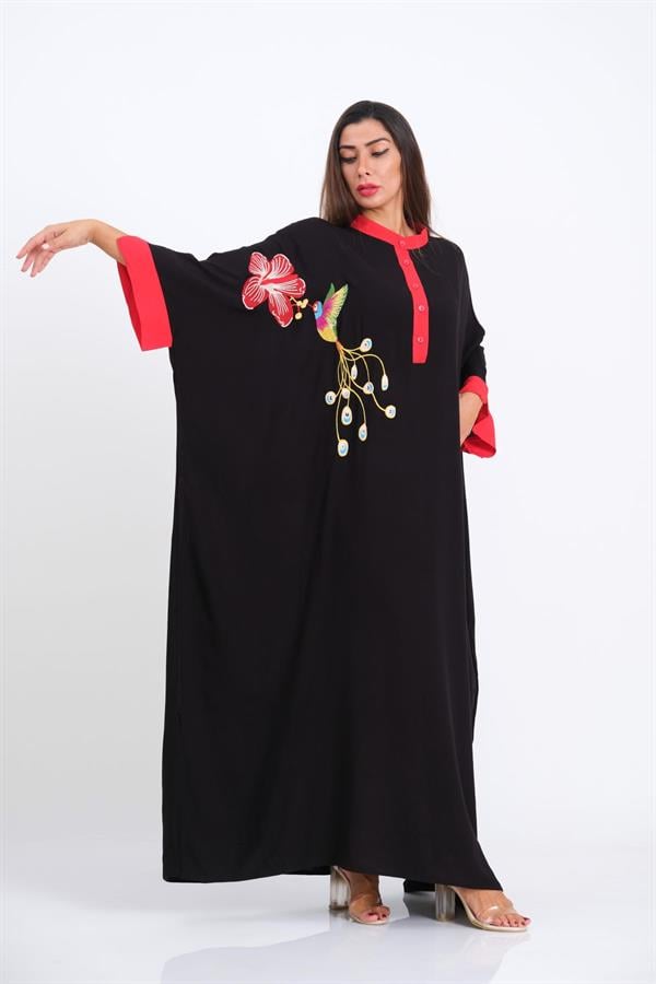Siyah Kuş Çiçek Nakışlı Yarasa Kol Oversize Uzun Elbise