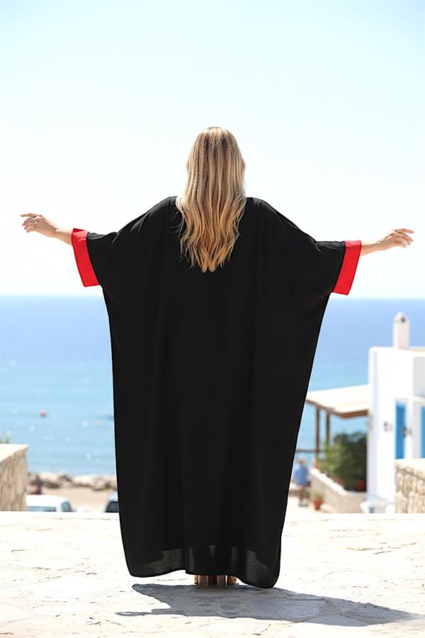 Siyah Kuş Çiçek Nakışlı Yarasa Kol Oversize Uzun Elbise
