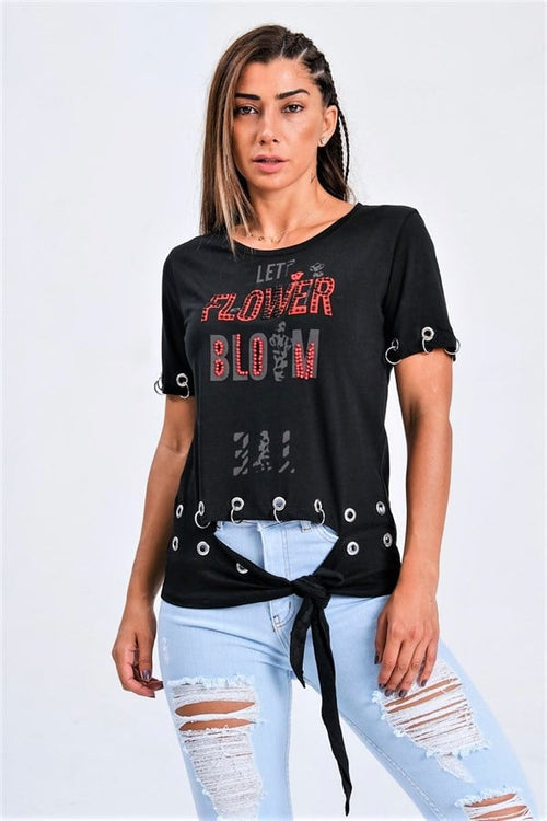 Siyah Kuş Gözü Detaylı Önden Bağlamalı Yazılı Taşlı T-Shirt - S