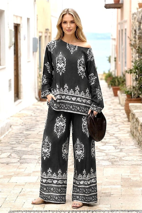 Siyah Otantik Desenli Pantolon Bluz Takım - 1 Beden