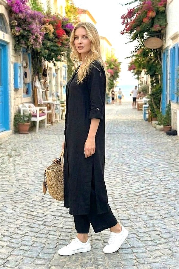 Siyah Tunik Pantolon Keten İkili Takım