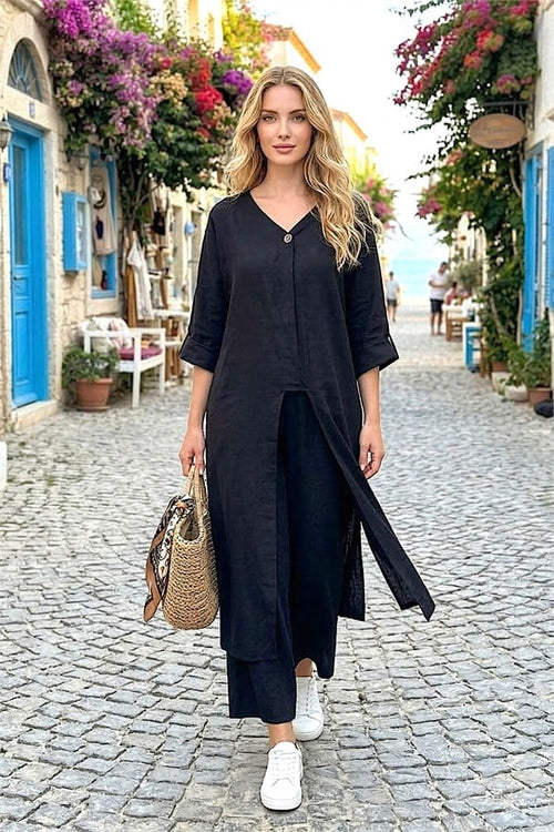 Siyah Tunik Pantolon Keten İkili Takım - 4 Beden