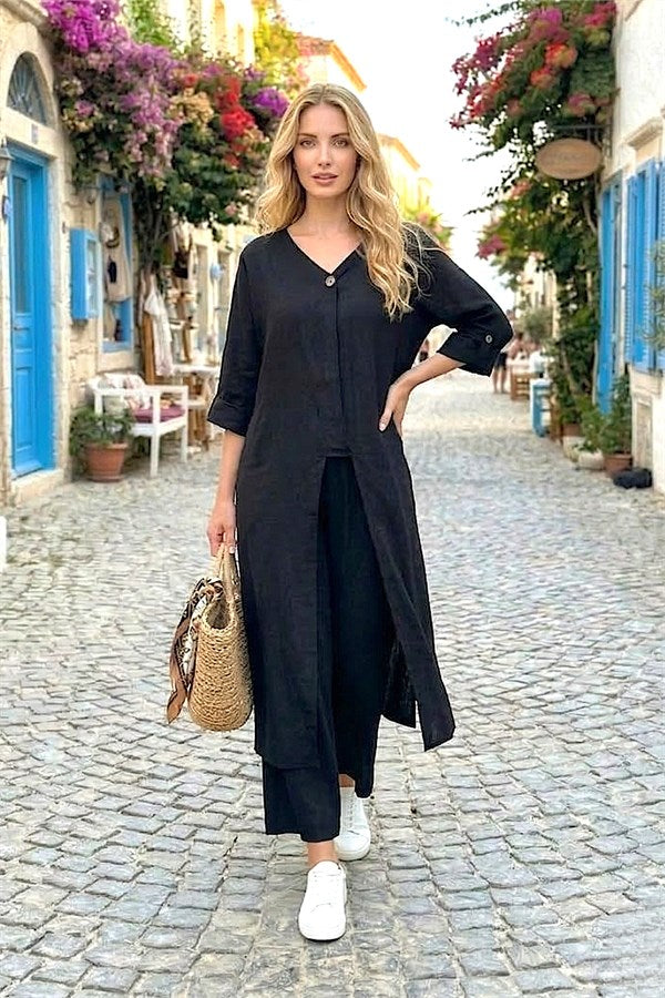 Siyah Tunik Pantolon Keten İkili Takım