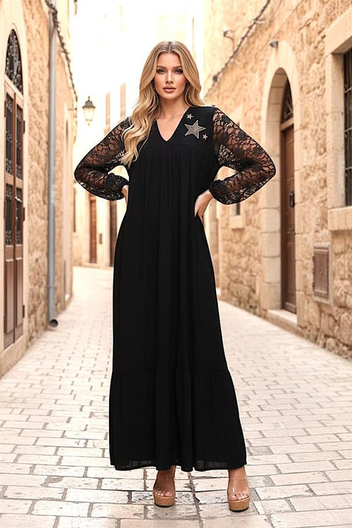 Siyah V Yaka Kolları Dantel Yakası Aplike Nakışlı Uzun Elbise - 40