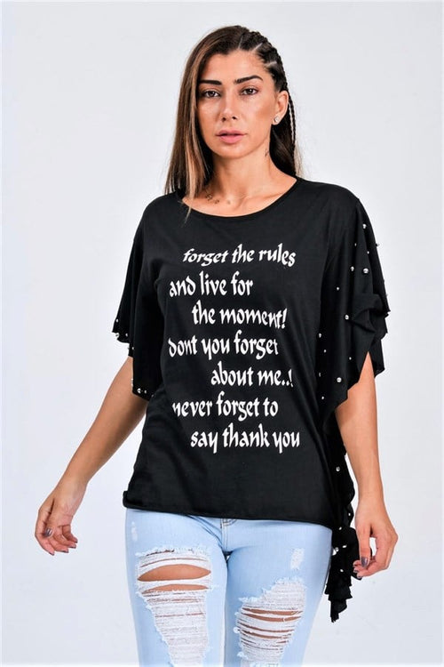 Siyah Yarasa Kollu Yazılı Zımba Detaylı Bağlamalı T-Shirt - S