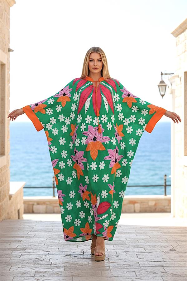 Yeşil Çiçekli Sıfır Yaka Yarasa Kollu Oversize Uzun Elbise