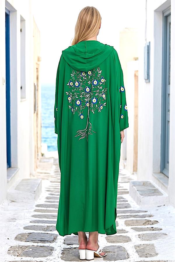 Yeşil Kapüşonlu Sırtı Ve Kolları Kabartma Baskılı Oversize Uzun Elbise