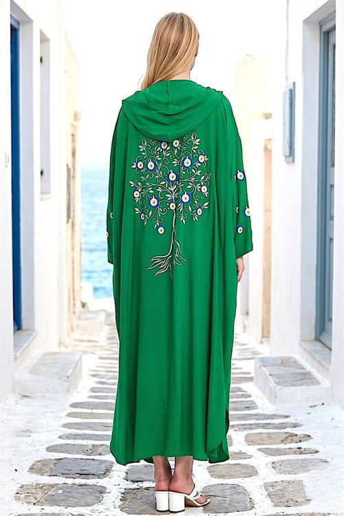 Yeşil Kapüşonlu Sırtı Ve Kolları Kabartma Baskılı Oversize Uzun Elbise - Standart