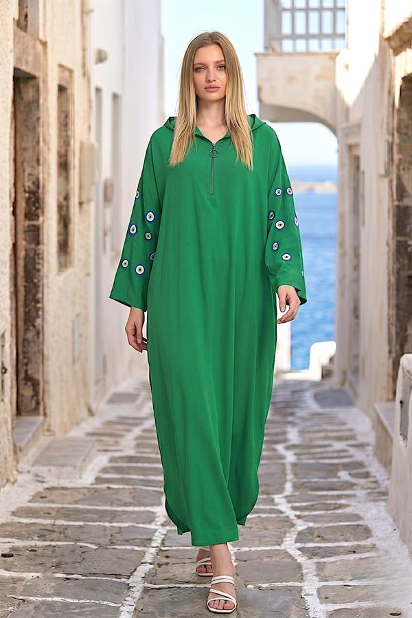 Yeşil Kapüşonlu Sırtı Ve Kolları Kabartma Baskılı Oversize Uzun Elbise