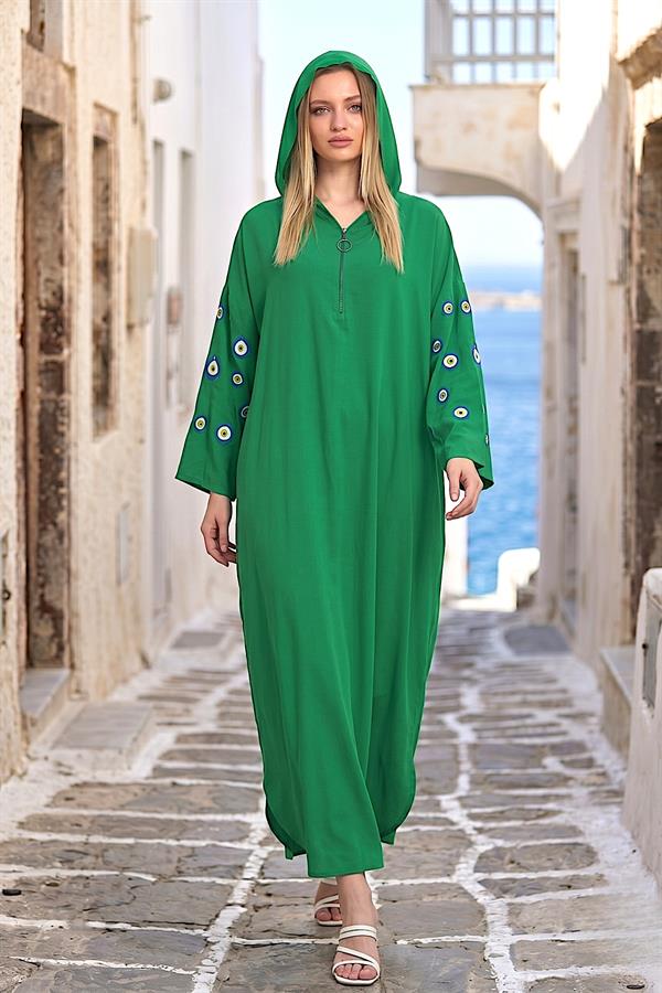 Yeşil Kapüşonlu Sırtı Ve Kolları Kabartma Baskılı Oversize Uzun Elbise